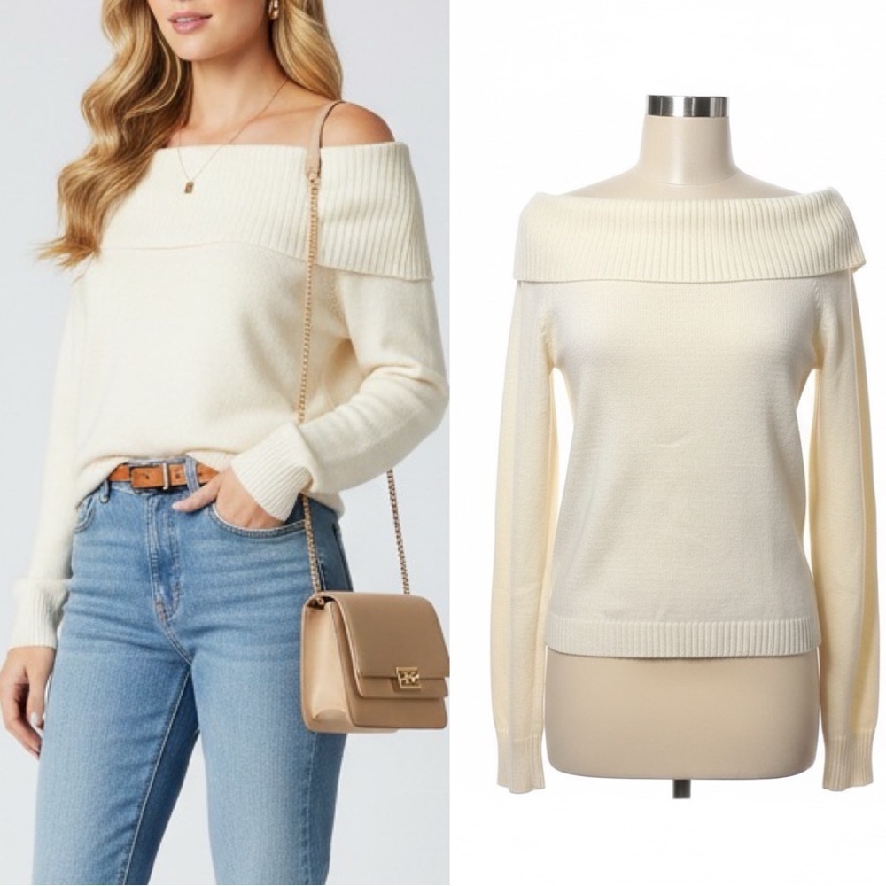 512 PRETTY GARDEN | NWOT Women’s Cream Off-Shoulder Foldover Neck Sweater (sz M)